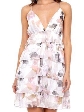 ILLA ILLA Ruffle Tiered Mini Dress Floral White Pink M